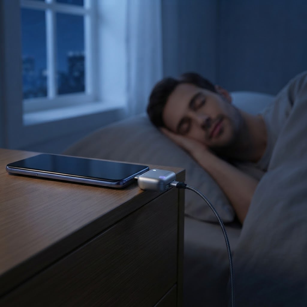 A man asleep in bed at night. On the nightstand beside him his phone lies face up, connected through the adapter to a braided cable.